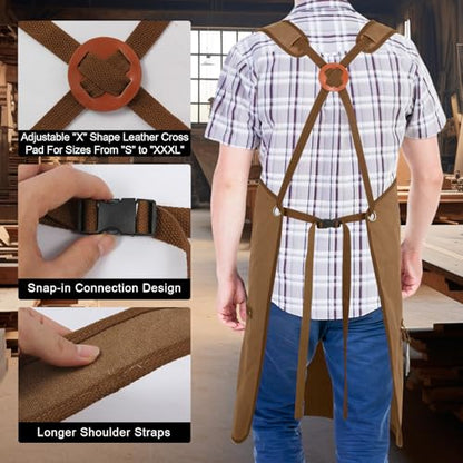 Men's Canvas Tool Apron, Heavy Duty Multi-Pocket Work Apron for Woodworking Gardening Bartender Adjustable Straps - color: Khaki