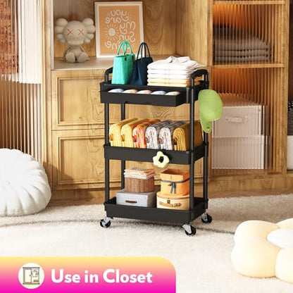 SUNALLY Makeup Cart Organizer with Drawer,3 Tier Rolling Makeup Cart, Black - color: Black, size: 3 Tier