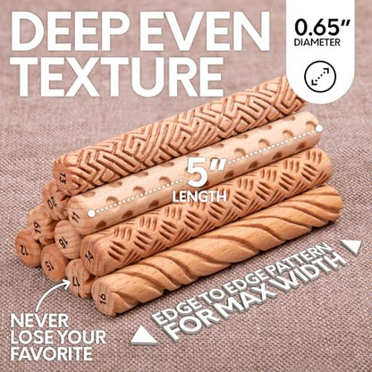 Byllstore Clay Texture Rollers | 10-Pack | 5 in x 0.65 in | Premium Wooden Pottery Tools | Set B - color: 10-Pack | 5" x 0.65" | SET B