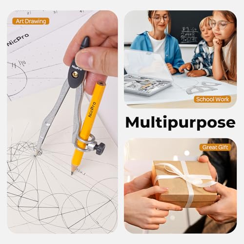 Nicpro 22 PCS Compass Geometry Tools with Case, Drafting Tool Geometry Set | With Swing Arm Protractor, Rulers, Metal Compass, Square Set, Mechanical Pencil, Back to School Supplies for Students