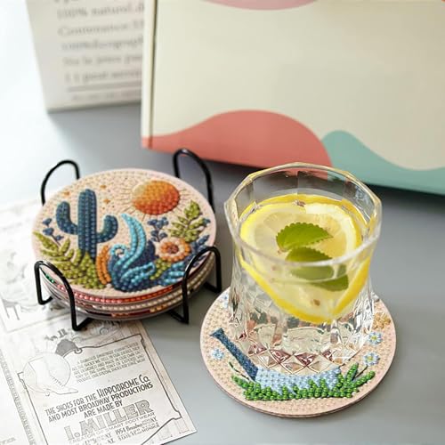 gganmtere 8P Potted Plants Diamond Painting Coasters Kits Set,Houseplant Diamond Art Coasters with Holder,5D DIY Full Drill Adult Diamond Dot Gift - color: Jxbd96