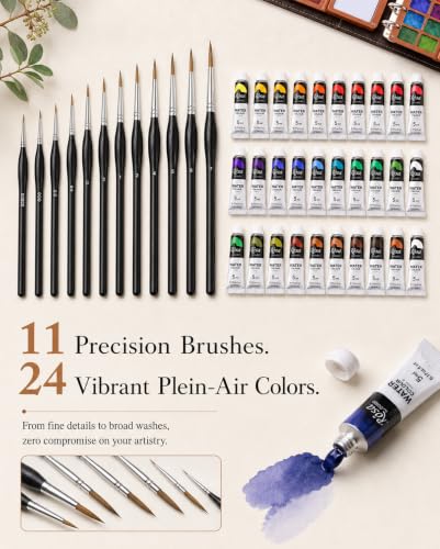 Mini Watercolor Travel Set 24 Colors, Sketchbook Kit with 11 Brushes