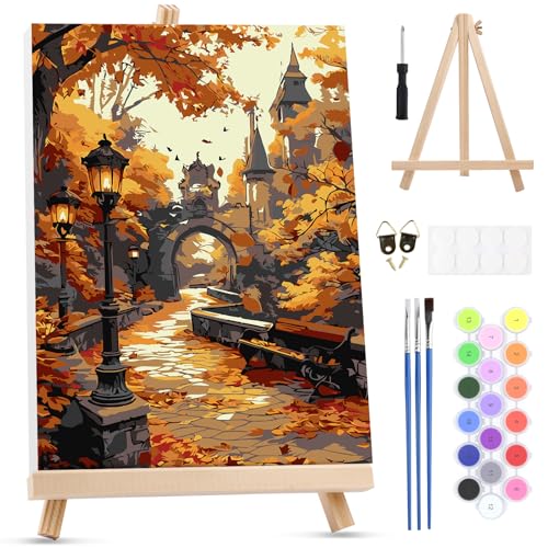 MXJSUA Castle Scene Paint by Numbers Kit with Frame for Adults, Easy Beginners Paint by Number on Canvas with Easel, Acrylic Number Painting Craft Gifts for Home Decor, 8x12 inch - color: Castle Scene