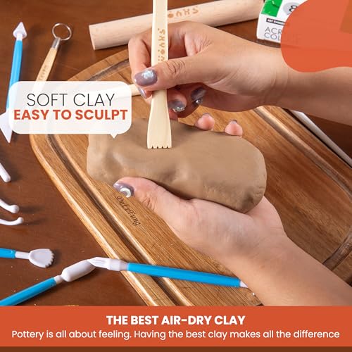 Wonks Air Dry Clay Pottery Kit for Adults & Kids - 30 Piece Kit - Acrylic Paint & Sculpting Tools Included - Carving Tools, Sponge & More - A Complete Beginners Pottery Set - 2KGs of Clay Included