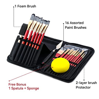 Transon 20Pcs Art Paint Brush Kit with Storage Case, 16 Brushes + Foam Brush Spatula Sponge for Acrylic Oil Watercolor Gouache, Adults Teens Beginners Art Supplies - color: Pink