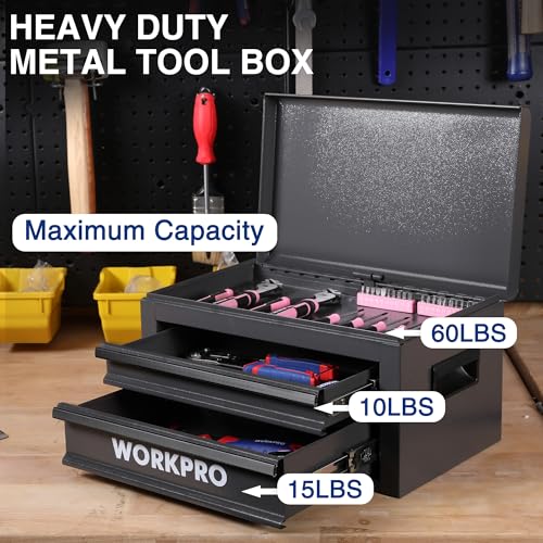 WORKPRO 15 Inch Metal Tool Box with 2 Drawers & 1 Top Storage, Heavy Duty Portable Tool Box with Handle for Garage, Office and Home, Up To 85 LBS Load Capacity - size: 15 Inch