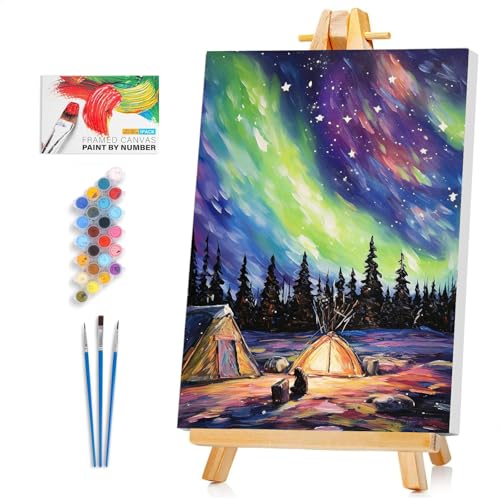 Framed Paint by Numbers Kit for Adults Beginner & Kids Ages 8-12, Aurora Landscape Adult Paint by Number Kits on Canvas with Frame, DIY Number Painting for Adults for Home Wall Decor Gift 8 x 12 Inch - color: XM-OP-F-Aurora-2030