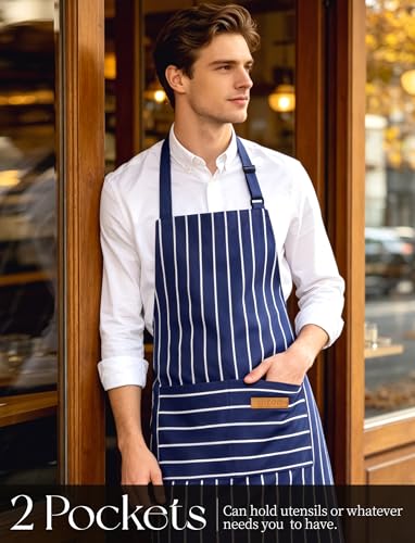 2 Pack Kitchen Cooking Aprons, Soft Aprons for Women Men with 2 Pockets Chef Apron with Adjustable Neck Strap and Long Tie - color: Navy Blue/Red