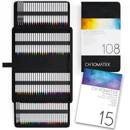 CHROMATEK 108 Watercolor Pens Set | Including 15 Page Pad & Online Video Tutorial Series | 5 Aquapens & 100 Unique Colors |Brush Pens | Easily Blendable, Vivid and Smooth - size: 1 Count (Pack of 108)