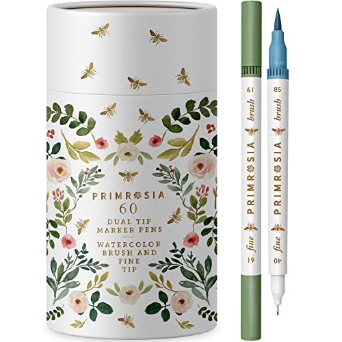 Primrosia 60 Dual Tip Marker Pens, Fineliner and Watercolor Brush Pens for Art Sketching Illustration Calligraphy Permanent Highlighter Bullet Journal Drawing Coloring - color: Flora