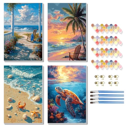 TBAIRO 4 Pack Framed Paint by Numbers Kit for Adults Beginner Beach DIY Painting Kits for Adults Sea Turtle Easy Adult Paint by Number Kits on Canvas for Wall Art Decor 8x12 Inch - color: Beach