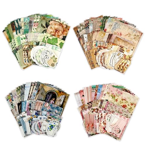 Diuhofart 400Pcs Vintage Scrapbook Supplies Kit, Scrapbook Paper and Journaling Stickers Set, 4Pack Scrap Booking Kit for Junk Journals, Bujo, Collage, Card Making, DIY Crafts Arts - color: Vintage Scrapbook Paper Set