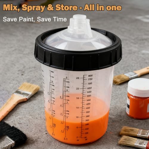 RRJ Disposable Paint Cup Automotive Spray Gun Paint System, for LVLP/HVLP Spray Gun Kit 27 Ounce(800ML) Mixing Cups with 50 Liners and Lids, 1 Hard Cup with Retainer Ring, 2 Adapter, Stirrer - color: 27 Ounce (800ml) Kit-50PCS