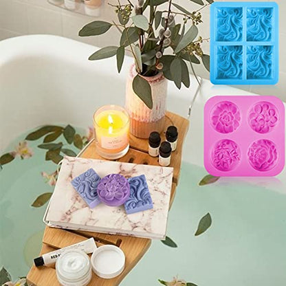 Sakolla 2 Pack Silicone Soap Molds, 4 Cavities Rectangle Wave and Round Flower Silicone Molds for Handmade Soap, Candle and Mousse Cake - color: Wave+Flower/Pink & Blue