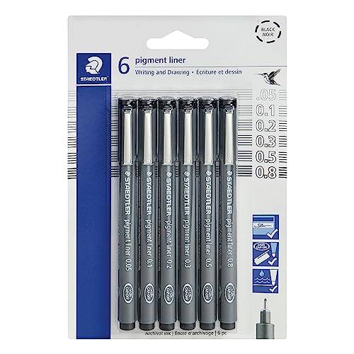 STAEDTLER Pigment Liner Fineliner Pens, Black, 6 Pack Assorted Tip Sizes (0.05mm - 0.8mm): Waterproof Drawing & Writing Pens for Note Taking, Journaling, Sketching, Manga & Back to School Supplies