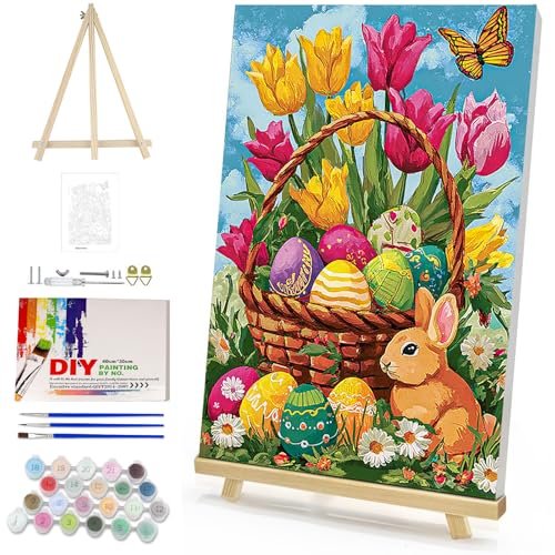 MAXBYE Easter Framed Paint by Numbers Kits for Adults Beginners with Wooden Easel, Rabbit with Flowers Art Kit Crafts with Frame, DIY Canvas by Numbers for Gift Home Wall Decor 8×12in - color: ZL002