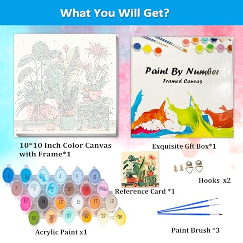 Artunion Framed Paint by Numbers Kit for Adults Beginners & Kids Ages 8-12,Green Plant Paint by Number with Frame,Plant Paint by Numbers Kit on Canvas 10 * 10 Inch Without Easel - color: ZXT-330-F