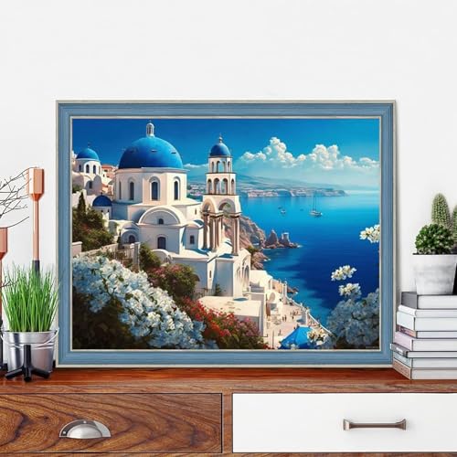 Diamond Painting Romantic Island Diamond Painting Kits for Adults, Full Round Diamond Blue Castle DIY Landscape Art Room Decor Dining Room Decor for Romantic Gifts Valentine's Day Surprise 30x40cm