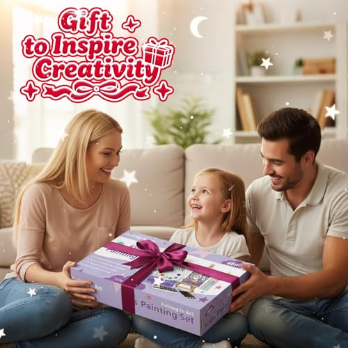 46 Pcs Kids Acrylic Painting Set with Table Easel, Purple | Art Painting Kit with Paints, Canvas, Paintbrushes, Canvas Supplies Kit for Kids, Adults, Beginners, and Artists - color: Purple