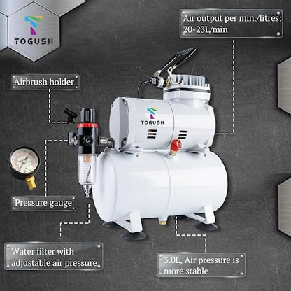 Airbrush Kit with Compressor and Tank, Dual Action Airbrush Set | 3L Tank Compressor with Two Airbrushes and 0.2/0.3/0.5mm Nozzles for Model Painting, Hobby and Craft Projects