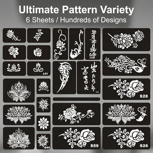 Henna Lotus Tattoo Templates Kit, 6 Sheets | 32pcs Patterns, Large Indian Arabian Flower Designs, Self Adhesive, For Hand Arm Body Art Paint