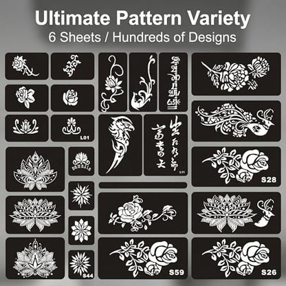 Henna Lotus Tattoo Templates Kit, 6 Sheets | 32pcs Patterns, Large Indian Arabian Flower Designs, Self Adhesive, For Hand Arm Body Art Paint