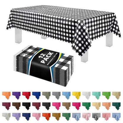 Grandipity Plastic Table Cloth Disposable 12 Pack 54” x 108” Rectangle | Black Gingham Plastic table covers, durable disposable tablecloths, fade and tear-resistent table cover for party, event - color: Black Gingham, size: 54in. x 108in. Rectangle