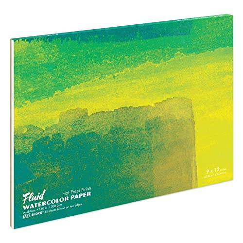 Fluid Artist Watercolor Paper Block, 9 x 12 inches, 15 White Sheets, 140 lb (300 GSM) Hot Press Pad for Painting and Wet Media - size: 9 x 12