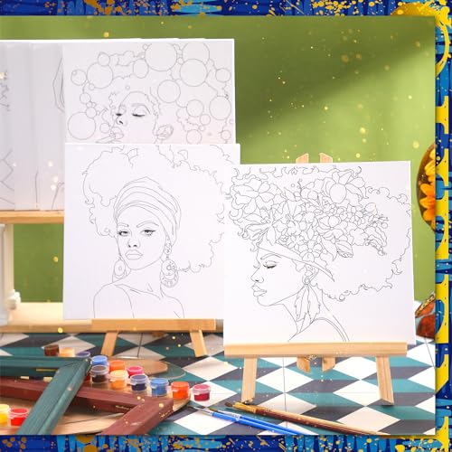 Affrolling 12 Pcs Pre Drawn Canvas for Painting for Adults 8 x 8 Inch Canvas Painting Kits Stretched with Drawing Ready to Paint Beginner Artists Date Night Party Supplies(Black Girl) - style: Black Girl