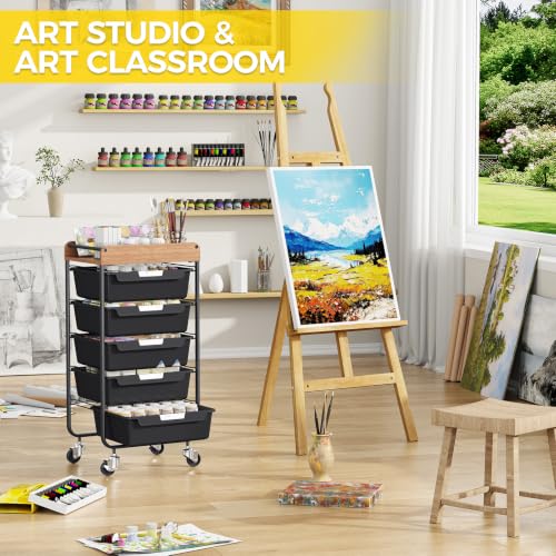 SYKIARIOL Utility Cart with 5 Labeling Drawers and Wooden Tabletop,Black - color: Classic Black, size: 5-Drawer