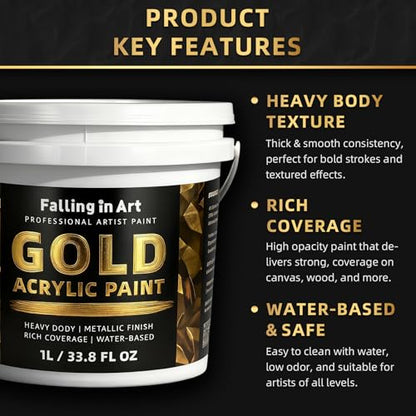 Falling in Art 33.8 Oz Heavy Body Gold Metallic Acrylic Paint, Non-Toxic | Art Craft Paints for Canvas, Wood, Clay, Fabric, Metal, Furniture - color: Gold