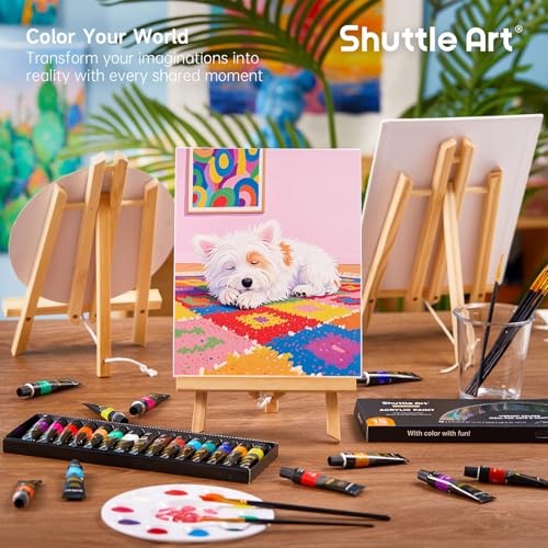 Shuttle Art 87 Pack Acrylic Painting Kit, Paint Kit with 3 Packs 15-Color Acrylic Paint, 3 Wooden Easels, Canvas, Brushes & Palettes, Art Painting Supplies for Adults, Kids & Beginners - size: 87 Pack