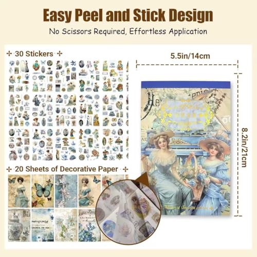 AZY Journaling Stickers Kit Seasonal & Vintage Paper Stickers for Bullet Journal, Scrapbook & DIY Collage, Easy Peel Stickers with Tweezers for Art Journaling - color: Blue