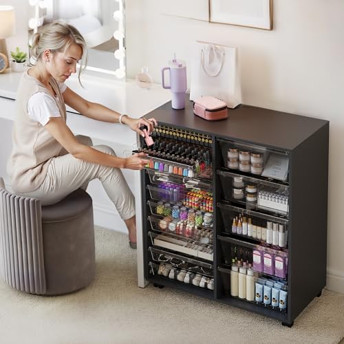 WOPITUES Mobile Storage Cabinet with 15 Clear Drawers, Modern Black - color: Black, size: 10M+5L