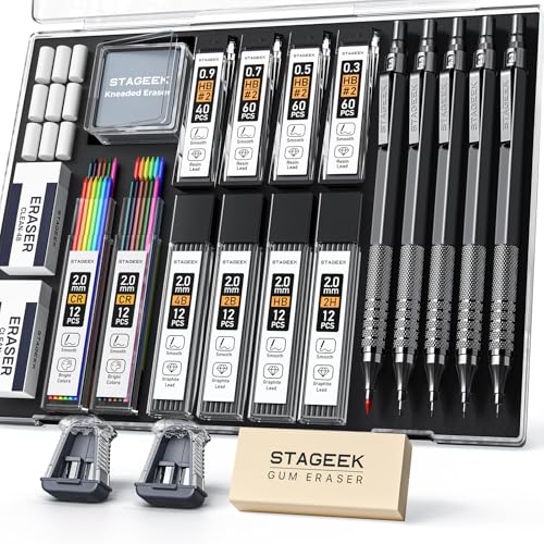 STAGEEK 21PCS Metal Mechanical Pencil Set, 0.3, 0.5, 0.7, 0.9, 2mm, Black - color: Black, style: 0.3+0.5+0.7+0.9+2.0MM