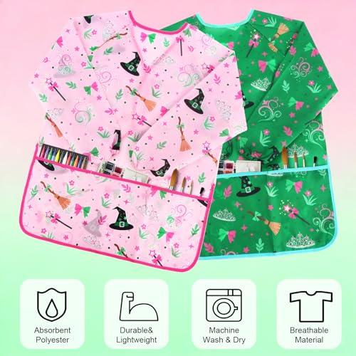 Kids Art Smocks Wicked Themed Painting Aprons for Children Waterproof Artist Smock with Long Sleeve and 3 Pockets for Age 3-8 Years (Green) - color: Witch (Green)