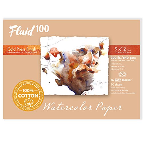Fluid 100 Watercolor Paper Block, 12 x 16 inches, 10 Sheets, 300 lb (640 GSM) 100% Cotton Cold Press Pad for Artist Painting and Wet Media - size: 12 x 16 (300 lb)