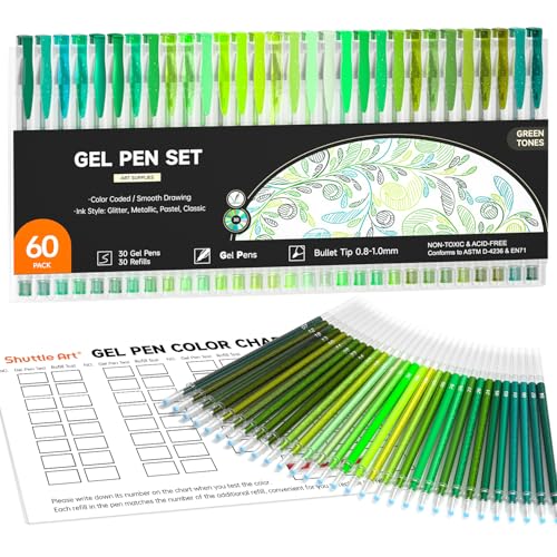 Shuttle Art 60 Pack Green Tone Gel Pens, 30 Green Tone Gel Pens with 30 Refills for Adults Coloring Books Journaling Drawing Nature, Landscapes, Animals Scenes - color: 60 Pack Green Tone