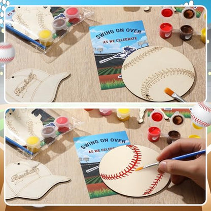 Saypacck 24 Pcs Baseball Party Favors Wooden Paint Craft Kits | Baseball Themed Craft Kit for Kids Birthday Party, Goodie Bags Fillers, Thank You Gifts, Paints Brushes Included - style: Sport Theme