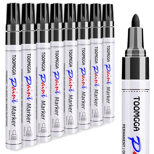 TOOMGGA 8 Black Paint Pens Permanent Paint Markers, Oil Based Medium Tip | Marking Pens, Quick Drying, Waterproof, Fade-resistant, for Rock Painting, Car Tyre, Metal, Plastic, Canvas, Mugs, Wood - color: Black