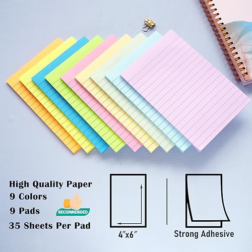 9 Pack Pastel Lined Sticky Notes 4X6 in Post and 9 Pack Aquatic Themed Colors Lined Sticky Notes with Lines 4X6 in Post