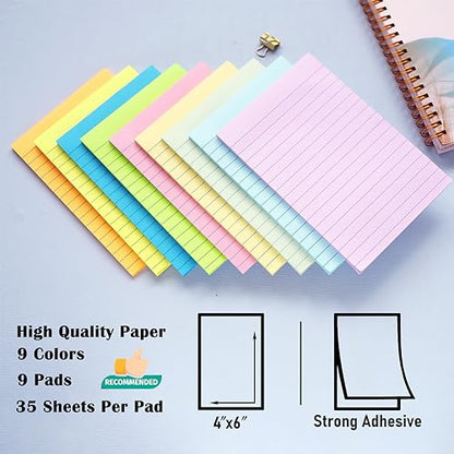 9 Pack Pastel Lined Sticky Notes 4X6 in Post and 9 Pack Aquatic Themed Colors Lined Sticky Notes with Lines 4X6 in Post