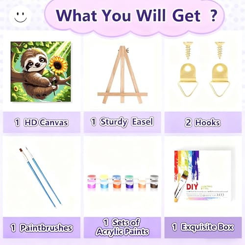 Gemozaic Sloth Paint by Numbers Kit for Kids Ages 8-12 with Frame & Easel | Cute Animal Kids Paint by Number on Canvas, DIY Acrylic Painting by Numbers for Teens Boys Girls for Birthday Gift, 8x8 IN - color: BKH1865