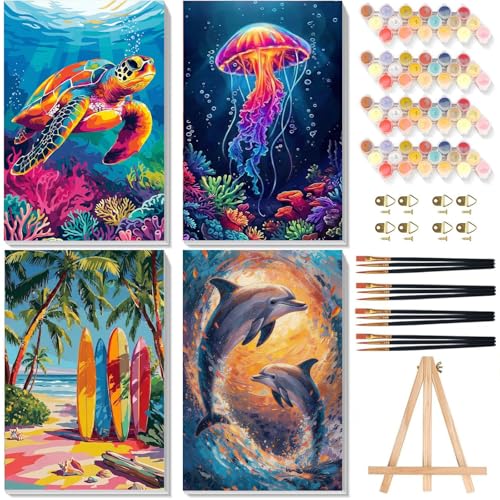 4 Pack Beach Paint by Numbers for Adults with Framed Canvas - Wooden Easel - color: BKH2378+BKH2379+BKH2380+BKH2381