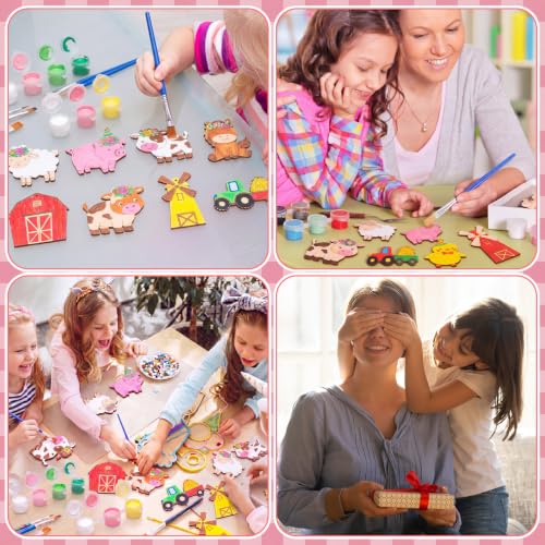 Saypacck 24 Pcs Party Favors Wooden Painting Craft Kits Birthday Party Supplies with Organza Bag for Goodie Bags Fillers Adult Thank You Gifts(Pink Farm) - style: Pink Farm