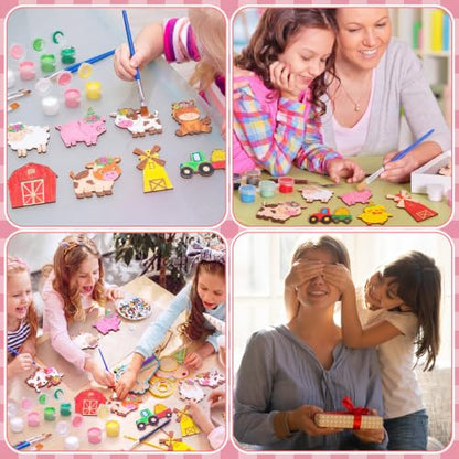Saypacck 24 Pcs Party Favors Wooden Painting Craft Kits Birthday Party Supplies with Organza Bag for Goodie Bags Fillers Adult Thank You Gifts(Pink Farm) - style: Pink Farm