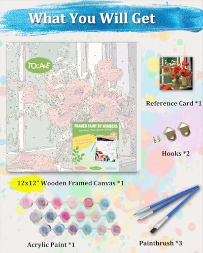 TOCARE Framed Paint by Numbers Kit for Adults Beginners, 12x12inch Red Flower Paint by Number with Frame,Easy Window Flowers Poppies Paint by Numbers Framed Canvas (Without Easel) - color: TC-F-219