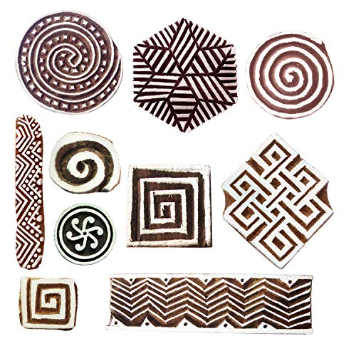 Royal Kraft Wooden Stamps for Block Printing on Saree Border, Textile, Clay, Pottery, Tattoo (Set of 10) MXtag0010 - color: Mxtag0010
