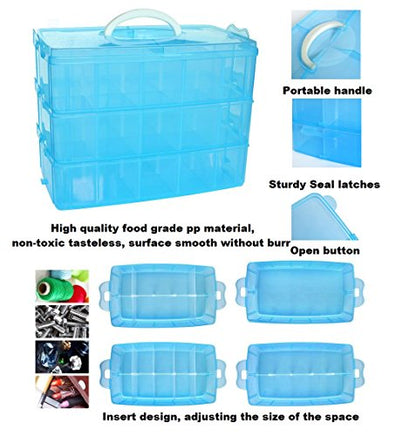 Kamay's Extra Large 3 Tier Stackable Adjustable Compartment Slot Bead Craft Jewellery Tool Storage Organiser Snap-lock Tray Container, with 30 Compartments, Container Box, Blue - style: Extra Large 3 Tier 30 Compartments Blue
