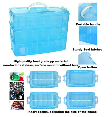 Kamay's Large 3 Tier Stackable Adjustable Compartment Slot Bead Craft Jewellery Tool Storage Organiser,Snap-lock Tray Container with 30 Compartments Pink - style: Large 3 Tier 30 Compartments Pink